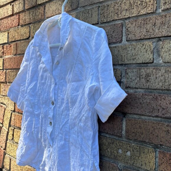 White Short-Sleeve Button-Down Blouse –100% Linen Made in Italy - Picture 3 of 3